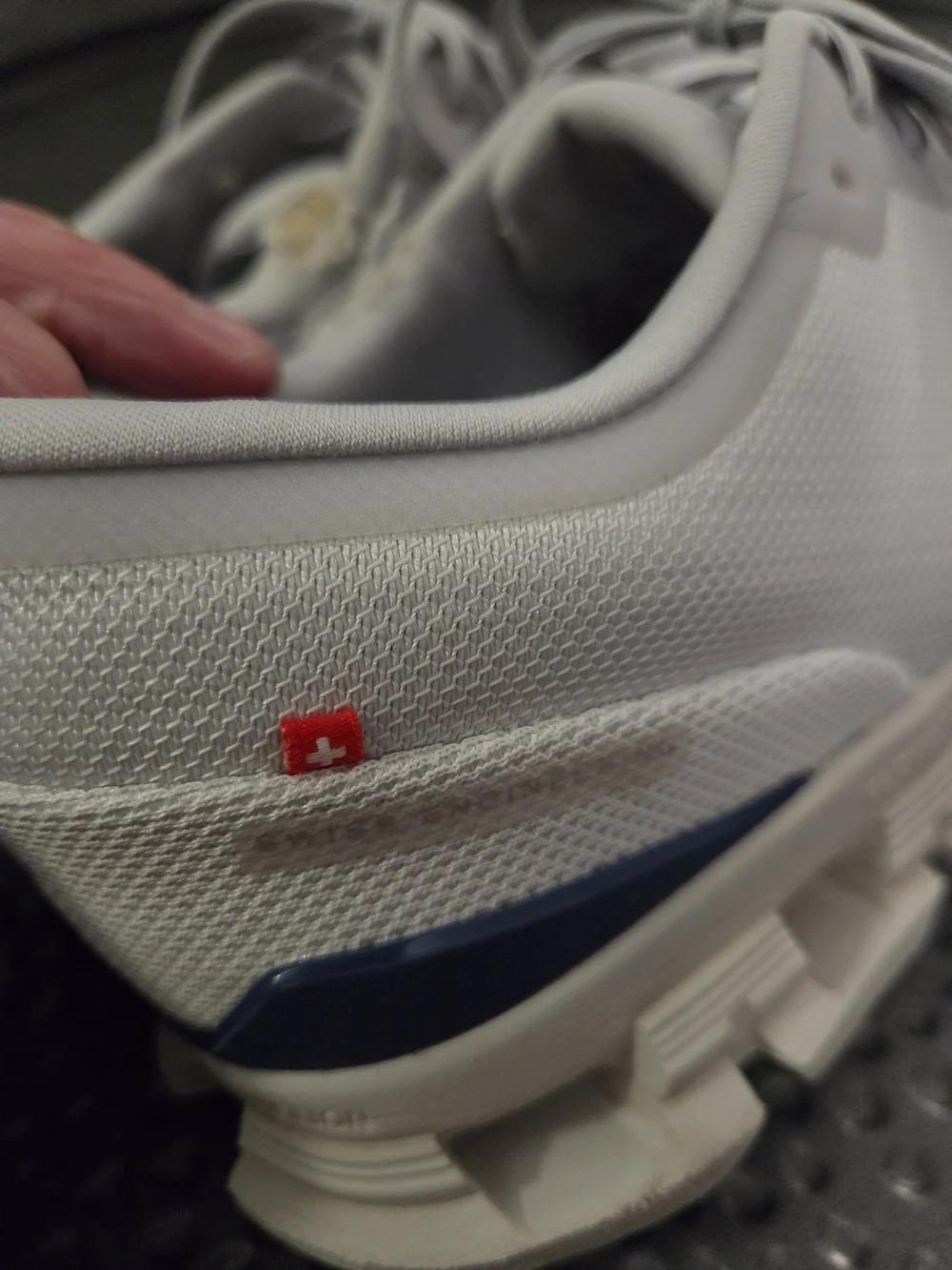 On Running Sneakers in Light Gray with Navy Tongue Accents